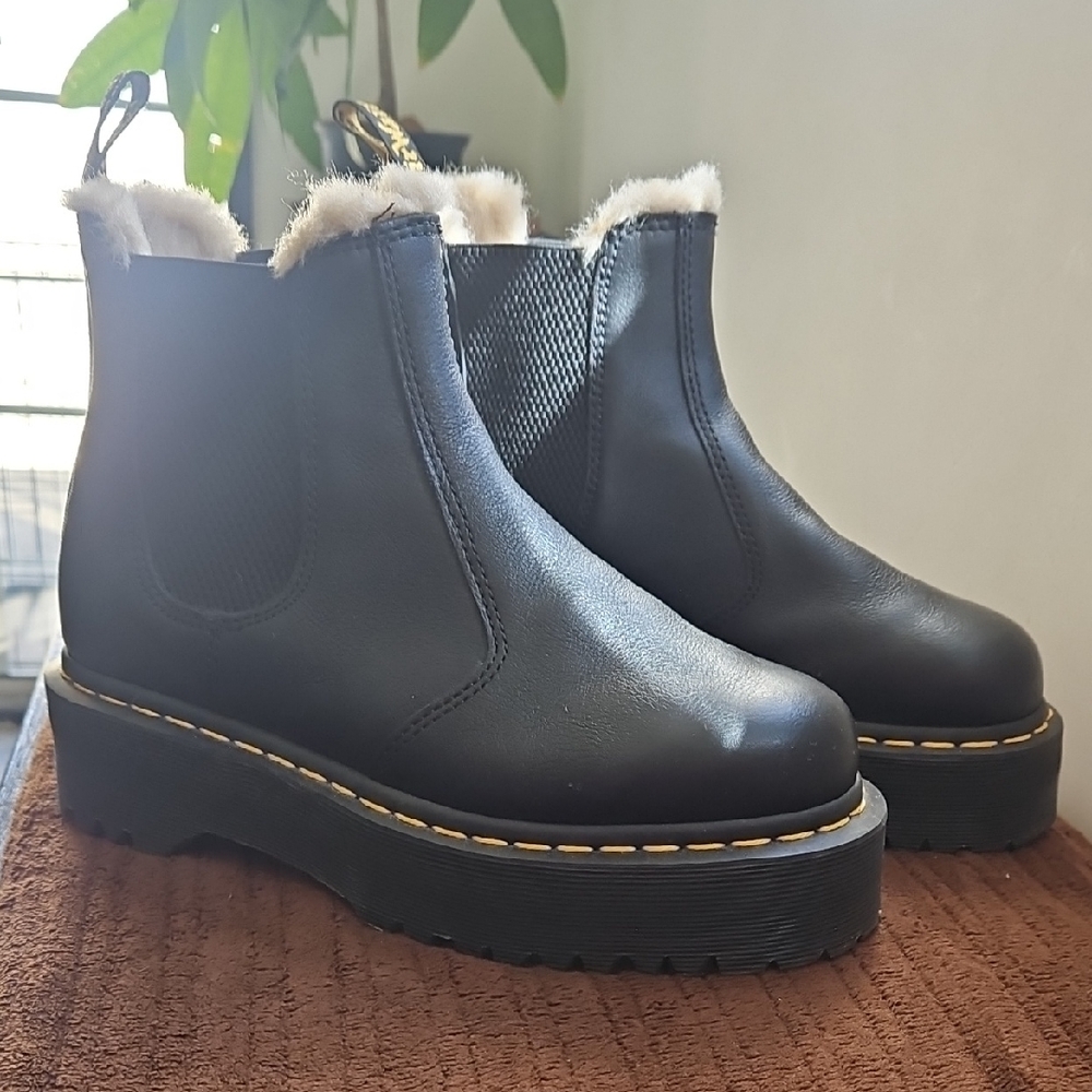 Dr. Martens Black Leather Chelsea Platform Booties with Cream Fur Trim